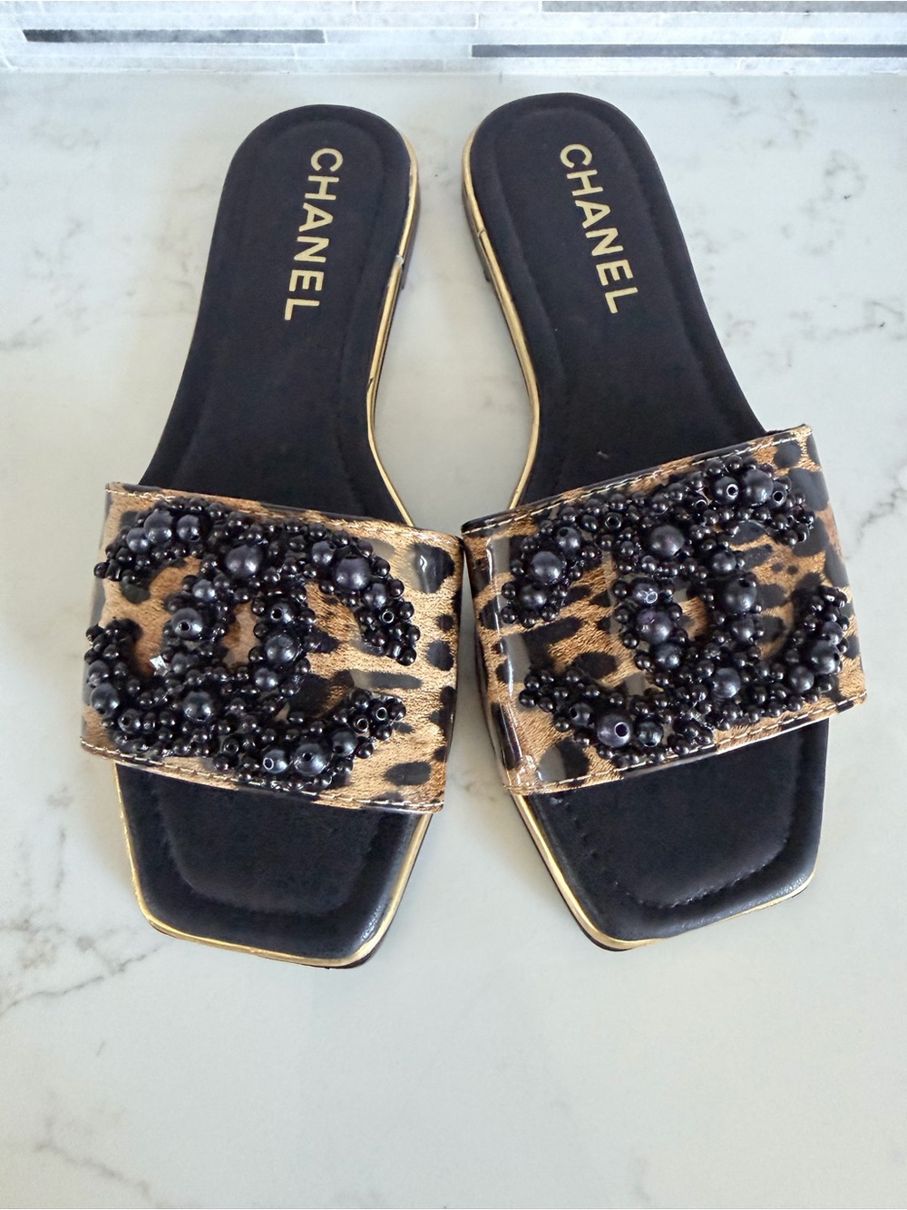 CHANEL Leopard Beaded Slide Mules in Black & Brown size 6